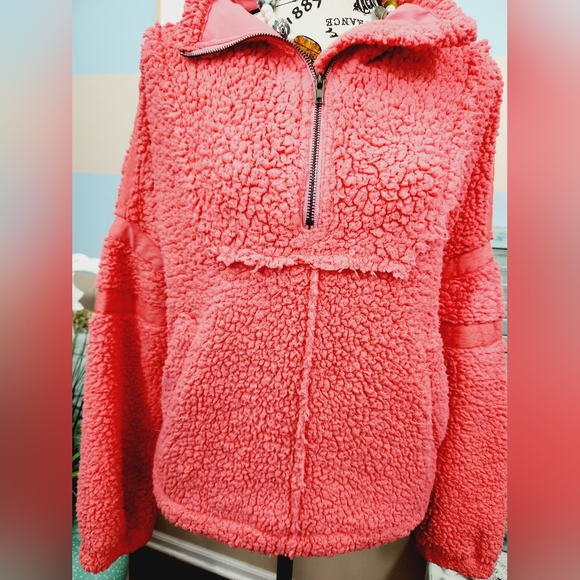 Davi & Dani Oversized Neon Pink Solid Long Sleeve Half Zip-Up Jacket - Picture 6 of 10